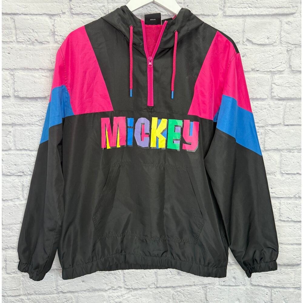 Vintage Mickey Mouse Color Block Pullover Windbreaker Size Sm Black Pink 90s - Picture 1 of 8